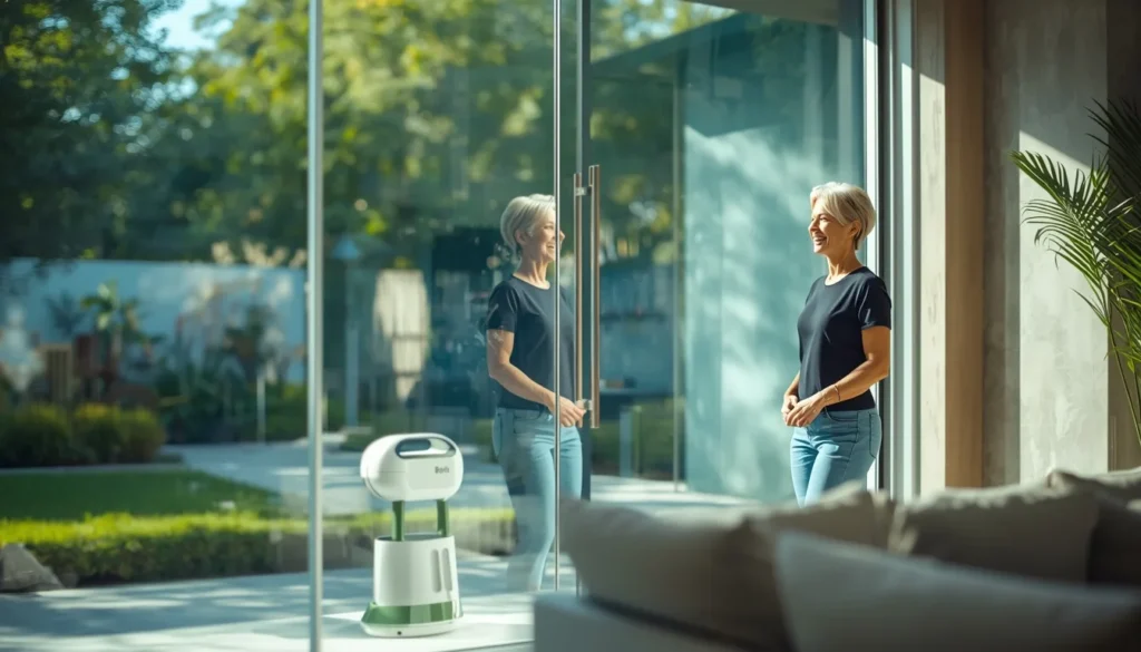 Vetrata moderna splendente con una donna soddisfatta e il dispositivo automatico lavavetri folletto 2026 in un salone luminoso.