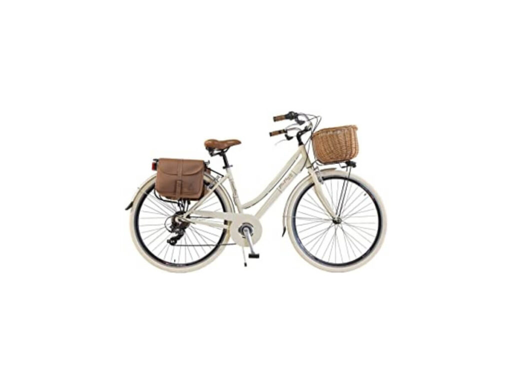 Citybike Donna Vintage, color panna, modello Via Veneto marchio Cannellini completa di cestino e borse laterali
