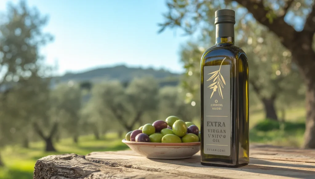 Bottiglia di olio extra vergine di oliva italiano su un tavolo rustico in un oliveto toscano, con un ciotola di olive fresche accanto. Olio oliva italiano 2026