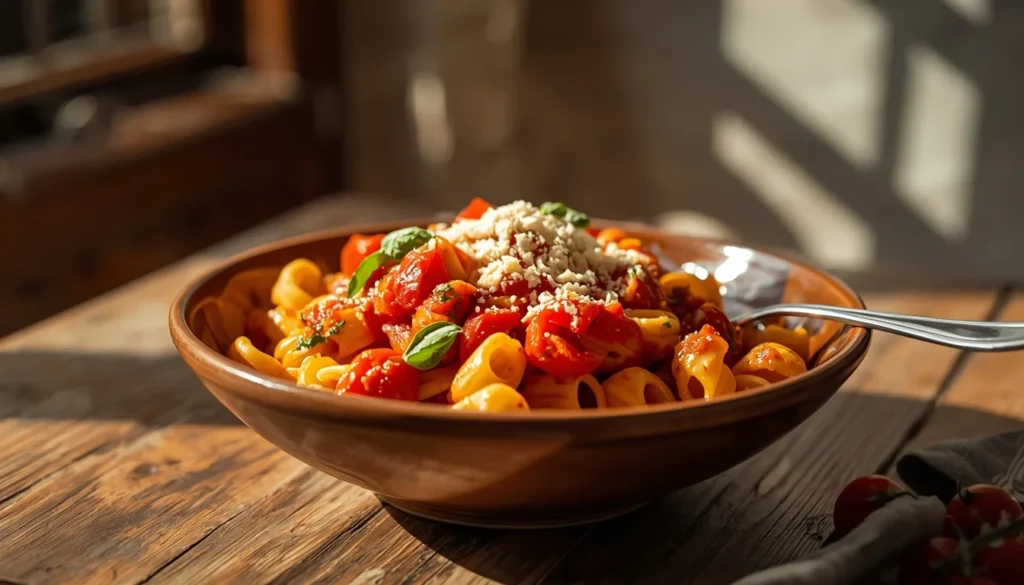 piatto di pasta bio 2026 Girolomoni prodotta con grano italiano biologico cotta e condita con pomodori e verdure