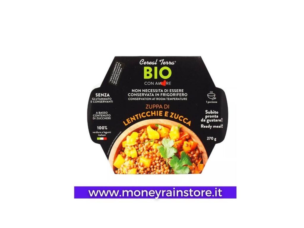 Ricette bio facili e veloci. Nella foto una deliziosa zuppa di lenticchie e zucca pronta in pochi minuti