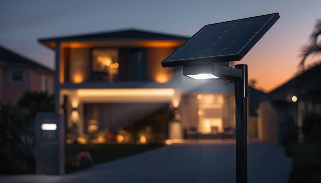 Lampione solare 2026 a LED Ofuray installato nel vialetto di una casa moderna durante il crepuscolo