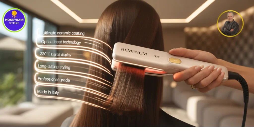miglior piastra capelli 2026 - Vista posteriore di una donna che usa la piastra per capelli REMIINUM YAK con interfaccia olografica che mostra dati tech, e i loghi grandi di MoneyRainStore e Michele Stedile.