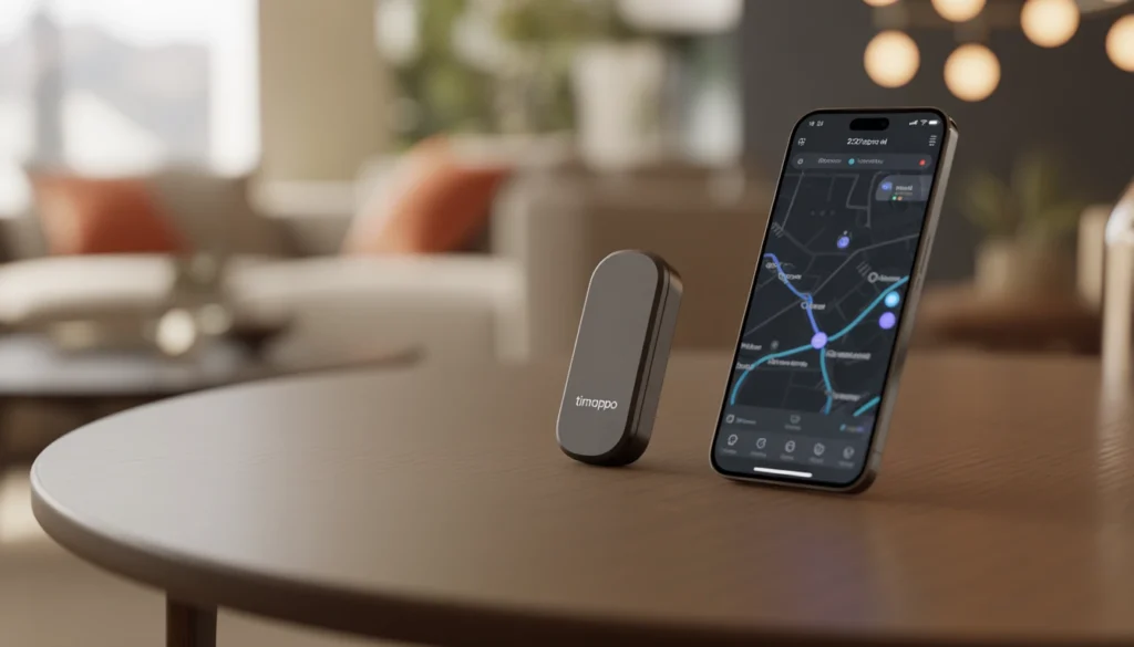 Segnalatore TIMAPPO GPS 2026 accanto a uno smartphone con mappa attiva per il monitoraggio in tempo reale.