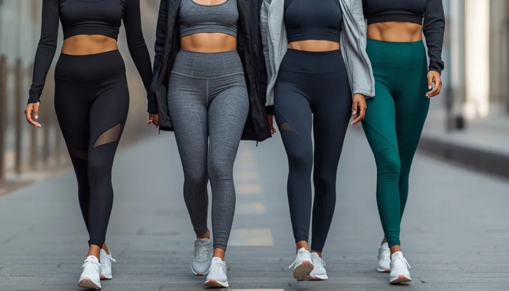 Quattro donne indossano diversi modelli di leggins modellanti donna 2026 in vari colori e tessuti tecnici."