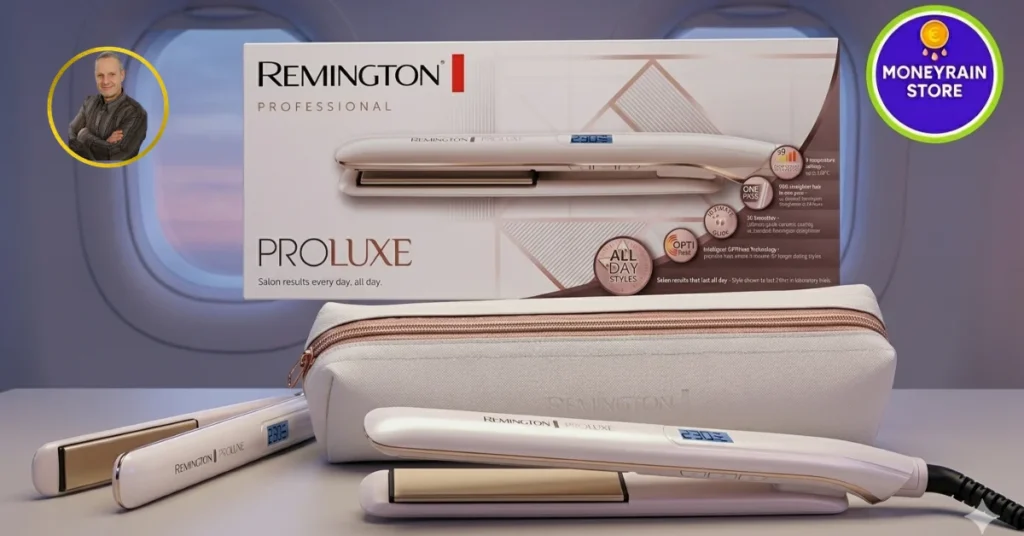 Miglior Piastra Capelli 2026: Guida alla scelta per una piega perfetta senza danni Recensione completa della piastra Remington PROluxe S9100: confezione aperta con astuccio termico e due piastre in evidenza, logo MoneyRainStore e ritratto dell'esperto Michele Stedile.