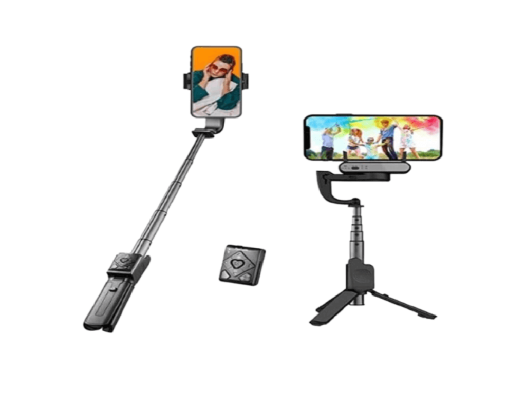 Bastone selfie iphone. Nella foto, un bastone selfie telescopico con smartphone, un telecomando ed un treppiede con smartphone