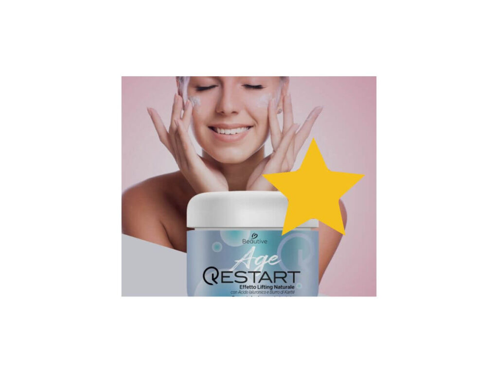 Age Restart; l'immagine mostra una ragazza sorridente che sta trattando il viso con la crema e in bella vista il barattolo della AGE RESTART