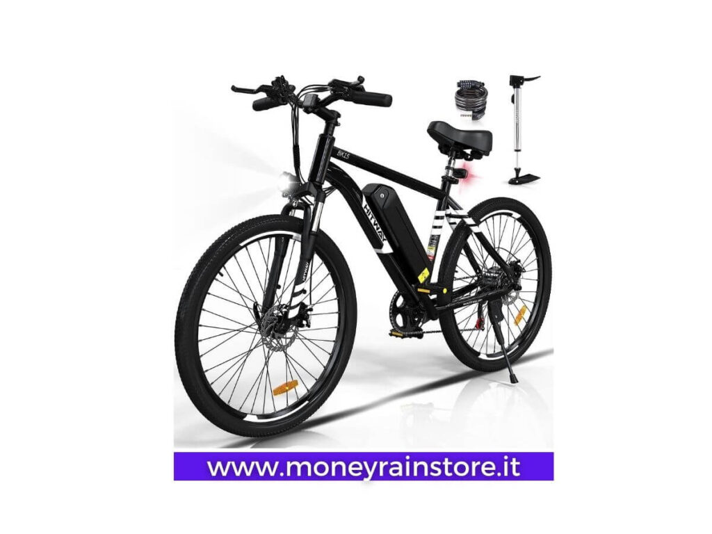 Biciclette Elettriche Vantaggi; l'immagine mostra il modello Mountain Bike Elettrico HITWAY, colore nero con ruote da 26"