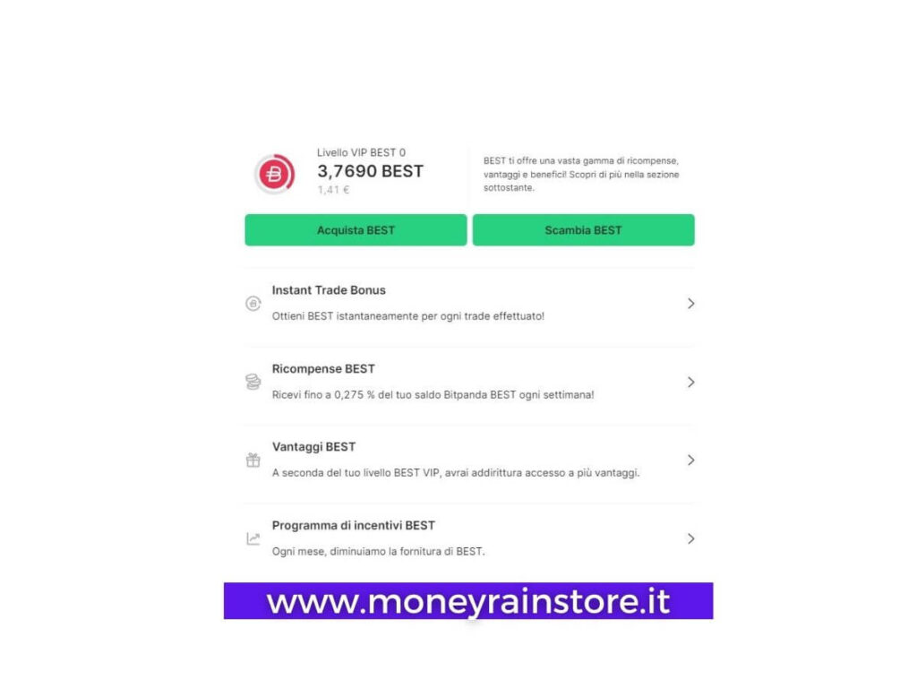Bitpanda Ecosystem token; l'immagine mostra i vantaggi di acquistare i token Bitpanda BEST