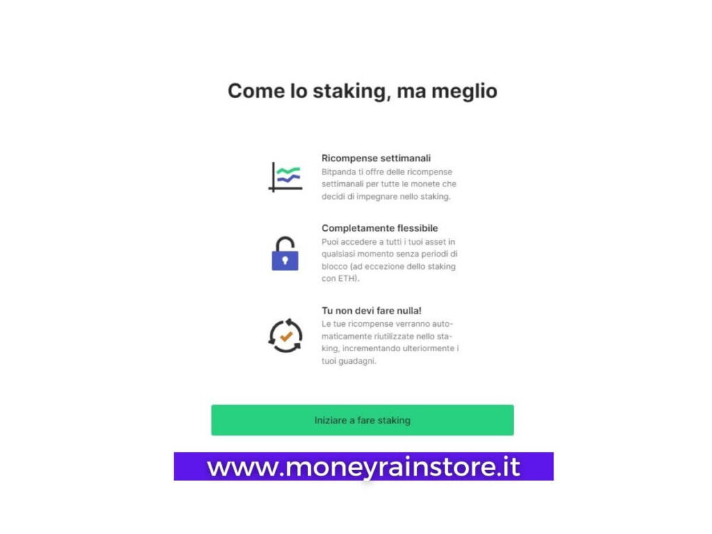 Bitpanda Staking; l'immagine riassume i vantaggi nel fare staking con bitpanda