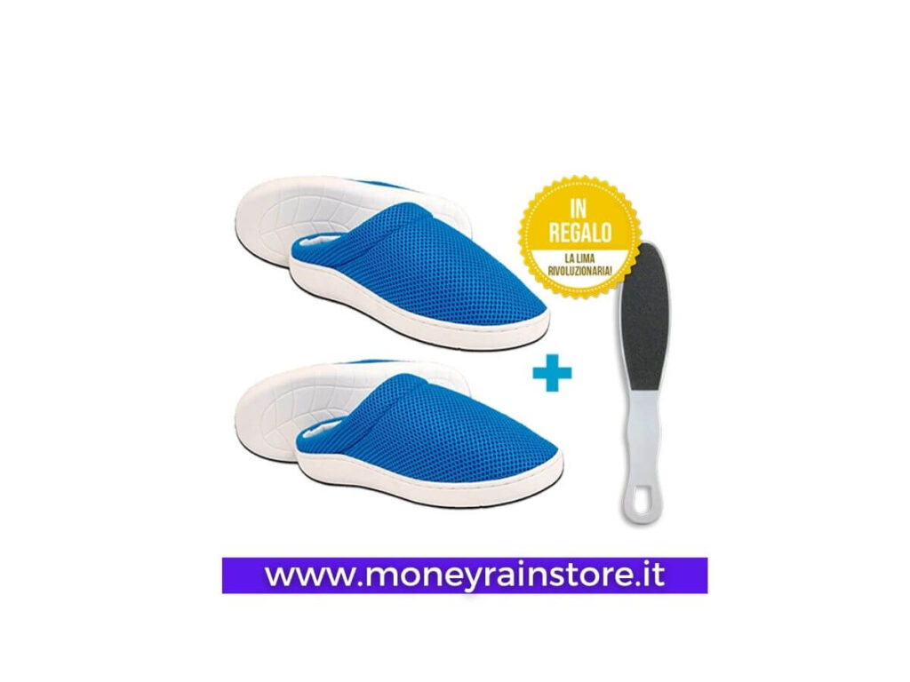 Ciabatte estive traspiranti: nell'immagine il modello "Stepluxe Summer Edition" colore azzurro con suola bianca e la limetta per i piedi in omaggio