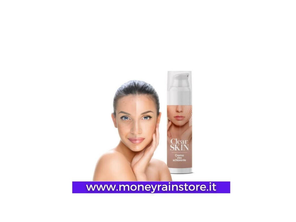 Crema per macchie della pelle Clear Skin. Nell'immagine il viso di una ragazza diviso a metà ( prima e dopo il trattamento con la crema ) e in bella vista il tubetto di crema Clear Skin
