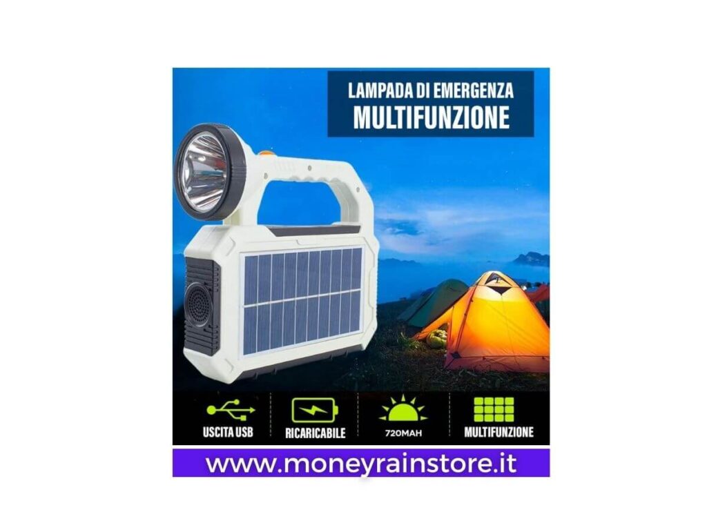 Energia solare portatile; nell'immagine è riportata la lampada di emergenza SOS Solar Light, un paesaggio notturno ed una tenda illuminata proprio dalla lampada multifunzione