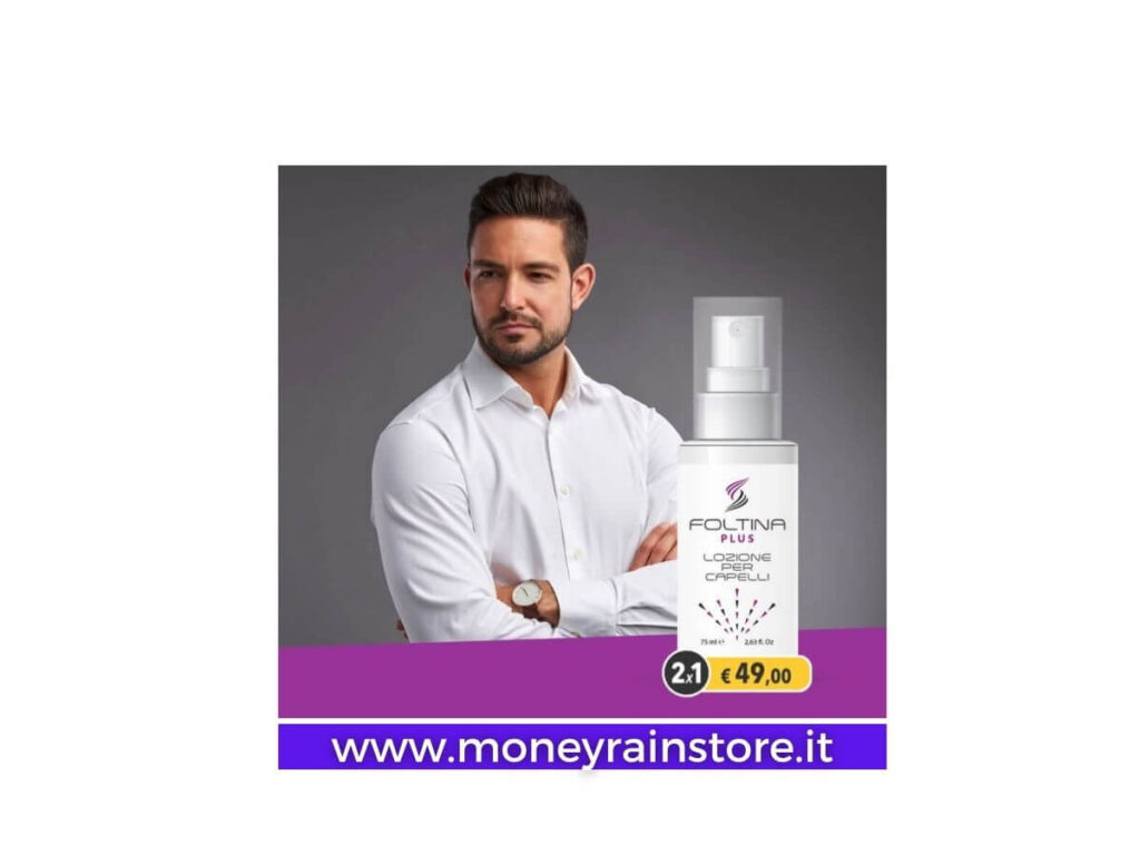 Foltina plus 2x1 lozione per capelli. Nell'immagine un ragazzo a braccia conserte, elegante che mostra la folta chioma e alla sua sinistra il flacone di foltina plus 2x1