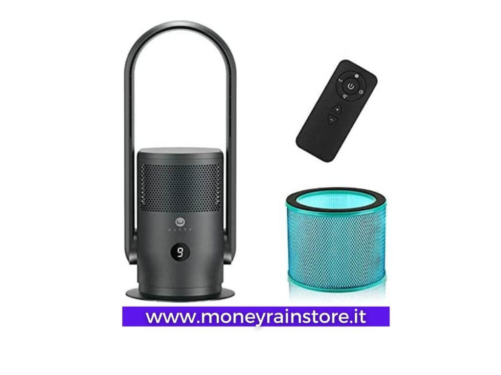 Miglior ventilatore a torre con purificatore d'aria, senza pale. Colore antracite e design accattivante