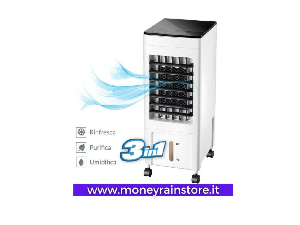 Raffrescatore ad acqua Air Cooler 3in1- Questo elettrodomestico dal design molto accattivante, purifica, raffresca, deumidifica. Misure cm 29x23.4x60.8 colore bianco