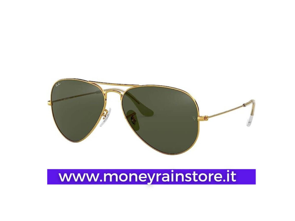Ray-Ban Aviator. L'immagine mostra i classici occhiali da sole aviator unisex con montatura color "oro" e lenti polarizzate