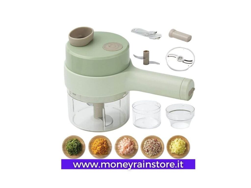 Tagliaverdure elettrico professionale; nell'immagine l'utensile color verde pisello, completo di tutti gli accessori e 5 tipi di verdure tagliate e tritate