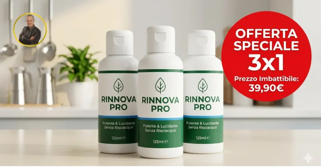 Prodotto lucidante senza risciacquo - Tre flaconi di Rinnova Pro Pulente e Lucidante Senza Risciacquo con bollino rosso Offerta Speciale 3x1 a 39,90 euro e logo di Michele Stedile.
