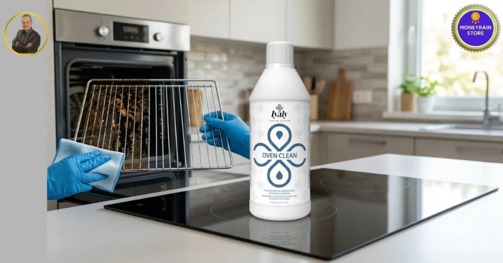 Flacone di sgrassatore cucina IYALY Oven Clean con griglia del forno pulita a metà per mostrare l'efficacia del prodotto, logo MoneyRainStore in alto a destra.