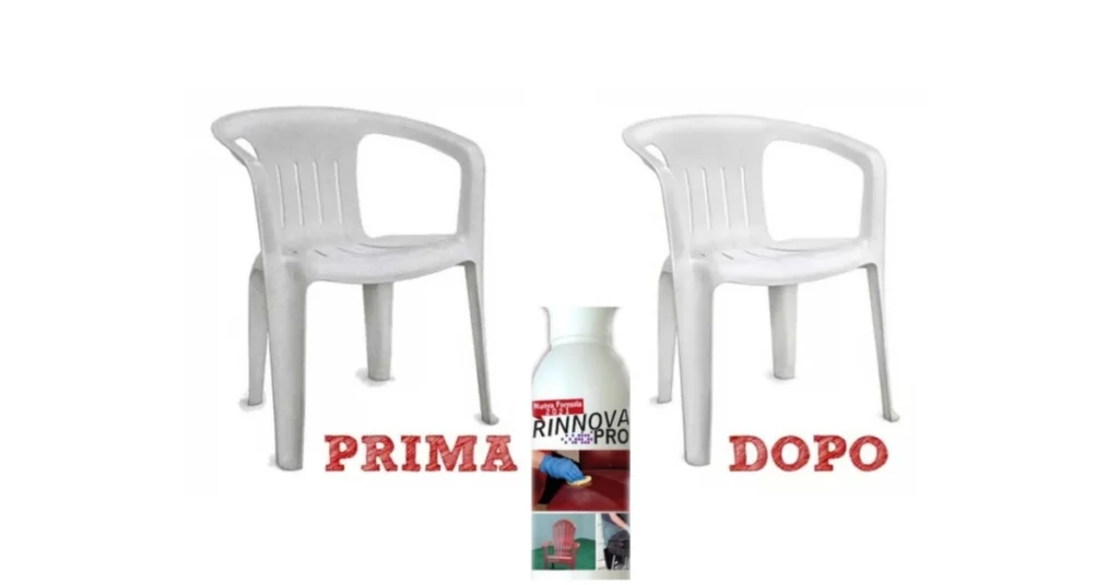Rinnova Pro Recensioni: Funziona? La Nuova Offerta 3x1 (2026) prodotto lucidante senza risciacquo - Confronto prima e dopo l'utilizzo di Rinnova Pro su una sedia in plastica bianca usurata, con il flacone del prodotto al centro.