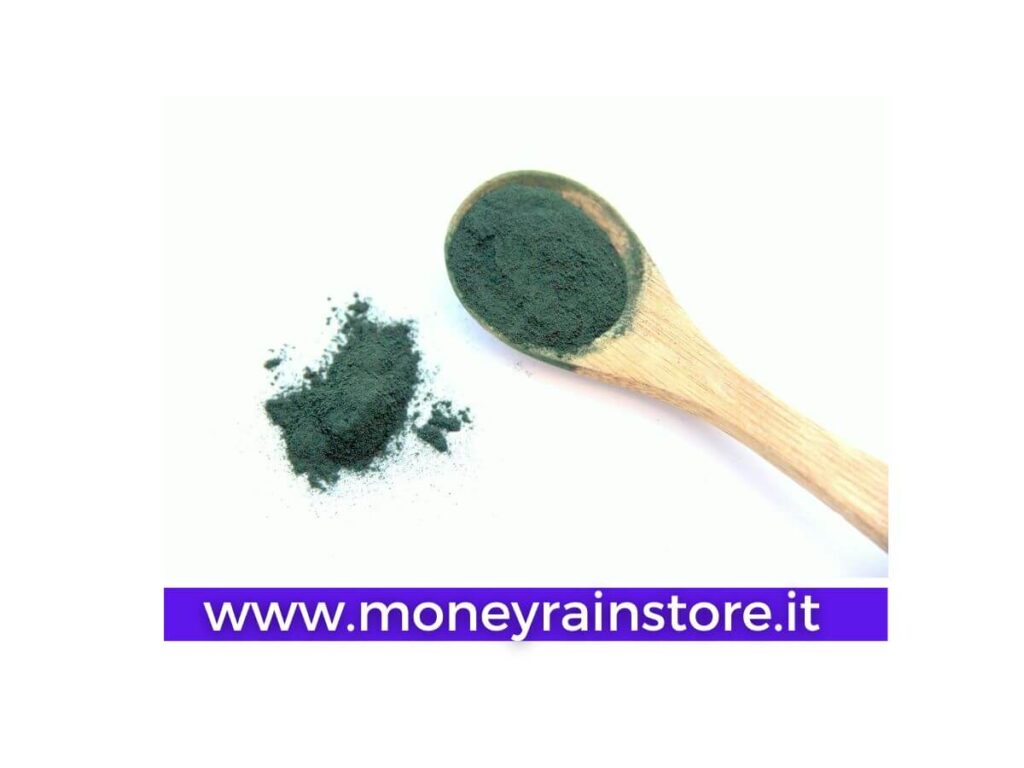 Alga Spirulina Benefici ; nell'immagine un cucchiaio di legno colmo di polvere di alga spirulina colore verde