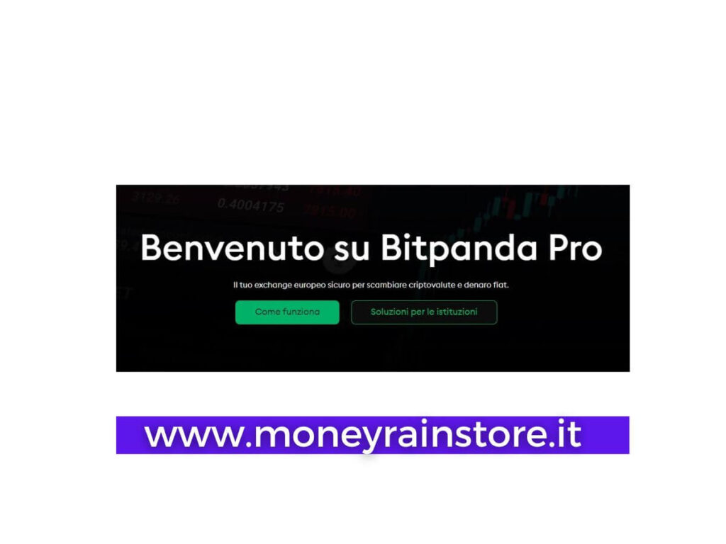 Bitpanda Pro, Il tuo exchange europeo sicuro per scambiare criptovalute e denaro fiat.. Nell'immagine, la home page con scritto "benvenuto su Bitpanda Pro ( sfondo nero ) e il tasto color verde " come funziona"