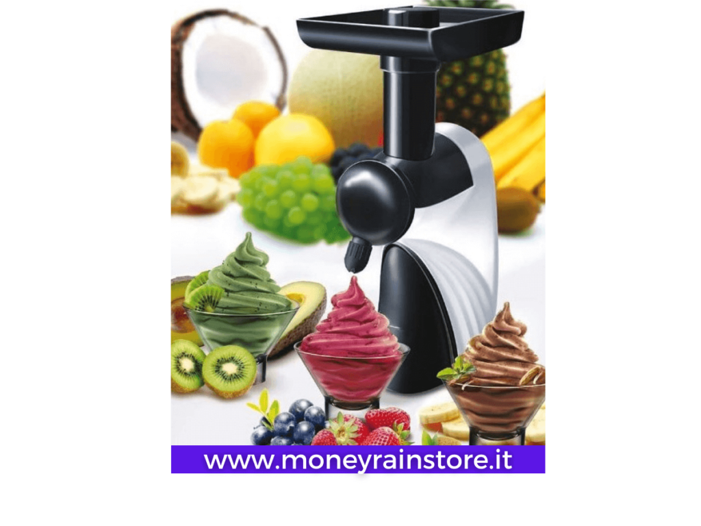 Gelato fatto in casa con frutta: l'immagine mostra l'innovativa macchina per gelato alla frutta "Perfect Ice Cream Maker", una serie di deliziosi frutti e 3 coppe di gelato fatte proprio con la macchina.