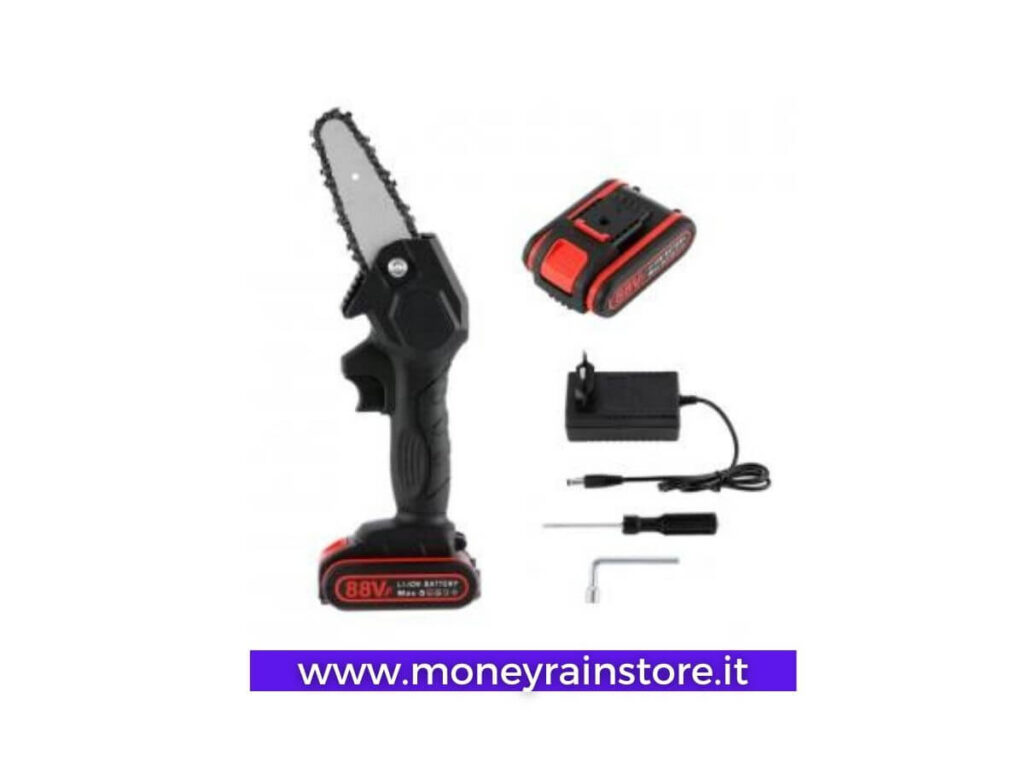 Mini motosega da potatura a batteria. Nell'immagine la mini motosega, il caricabatterie e una batteria di scorta.