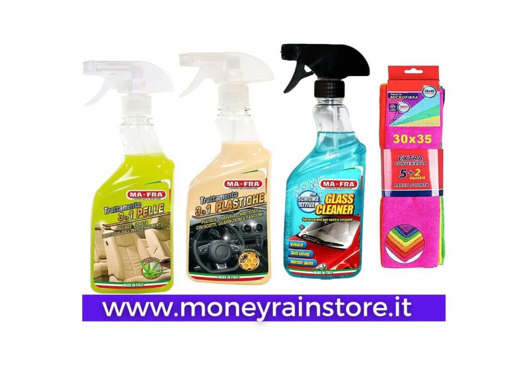 Prodotti pulizia auto interni; nell'immagine 4 prodotti della linea ma-fra - trattamento pelle, plastiche, pulitore vetri e panni in microfibra