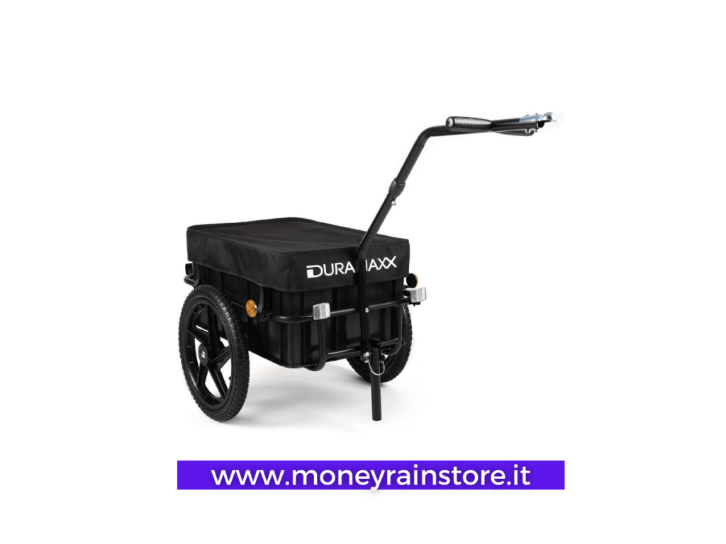 Rimorchi per biciclette; l'immagine mostra il carrello per biciclette "duramaxx" con ruote in plastica rigida, colore nero, con vasca in pvc capienza 40 litri, portata massima 40 kg, con copritutto impermeabile