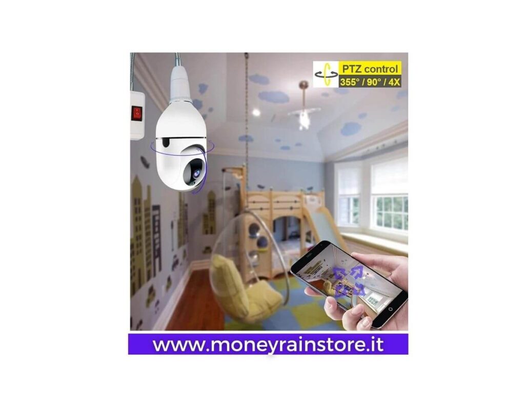 Lampadina spycam è una telecamera con visione a 360°. Nella foto la spycam in azione , un salotto di casa e in bella vista uno smartphone con il quale si può controllare la situazione a distanza