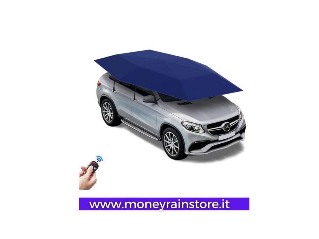 Tenda per tetto auto; nell'immagine si nota una bellissima mercedes colore grigio con la tenda a protezione superiore colore blu azionata dal telecomando