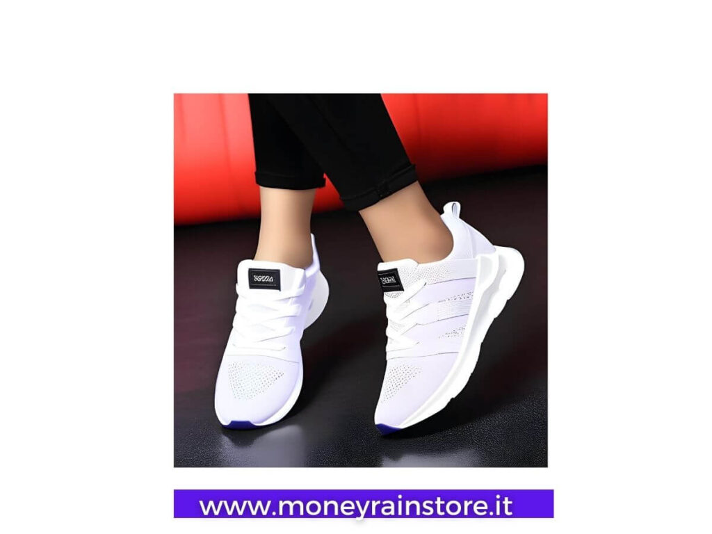 codice sconto scarpe sneakers 15%; nell'immagine un paio di scarpe sneakers bianche ai piedi di una ragazza