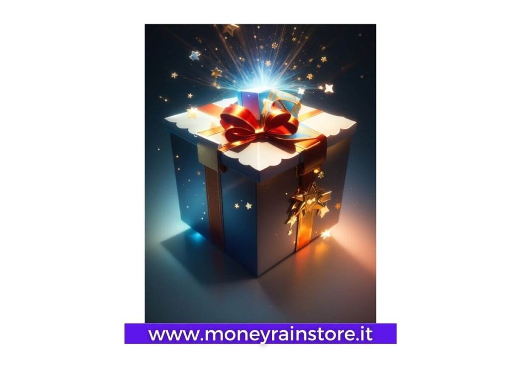 idee regalo compleanno; nell'immagine un bellissimo pacco regalo con fiocco e nastro dorato. A contorno una serie di stelle lucenti