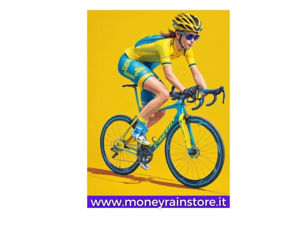 Equipaggiamento ciclismo completo; l'immagine mostra una ciclista vestita con abbigliamento sportivo da ciclismo colore giallo ed azzuro