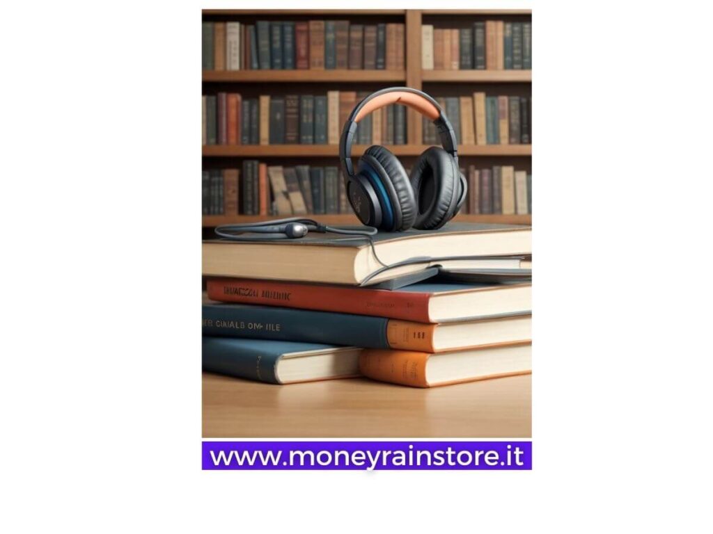 audible amazon; l'immagine mostra una libreria, un tavolo con 5 libri sopra i quali una cuffia per ascolto