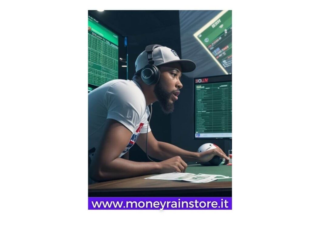 pronostici sportivi; la foto ritrae un ragazzo di colore, con cappellino e cuffie, intento a scommettere online in un punto vendita di scommesse