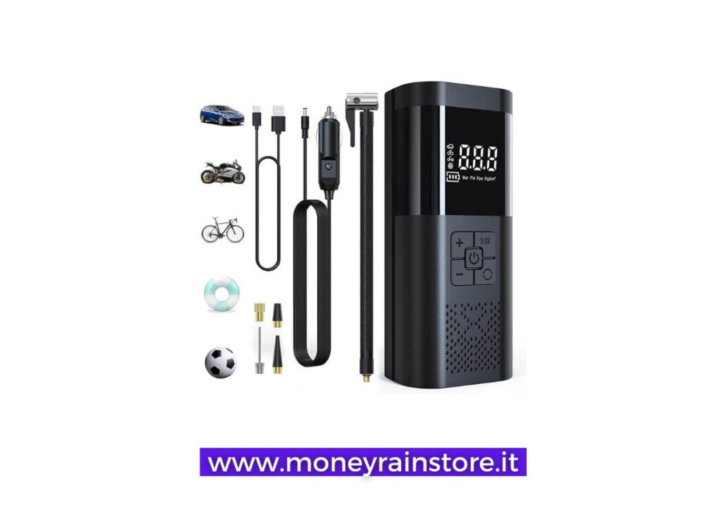 Quale compressore portatile acquistare. L'immagine mostra il mini compressore AIR PUMP di colore nero completo di accessori con l'inserimento di immagini di auto, moto, bici etc etc