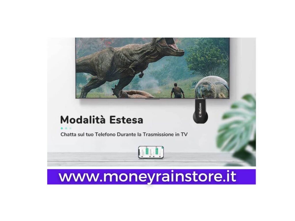 ANYCAST TV: L'immagine mostra una TV maxischermo che proietta un documentario di animali e sotto in bella vista il dispositivo "anycast" di colore nero e uno smartphone che permette di convertire le immagini sulla TV
