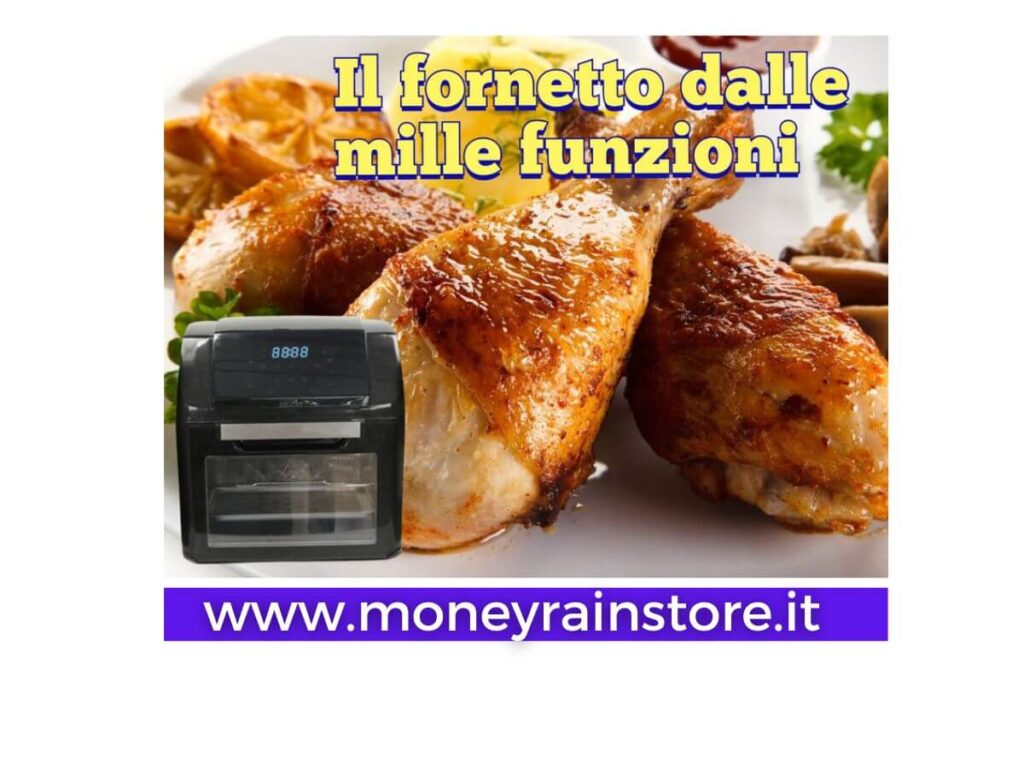 Air Oven 3 in 1: l'immagine mostra il fornetto multifunzione e dei cosciotti di pollo allo spiedo
