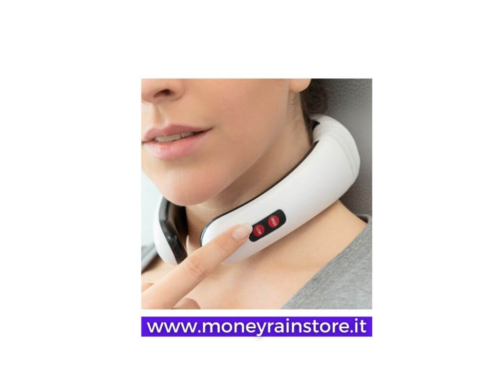 neck ring plus; l'immagine mostra il viso di una ragazza con al collo il massaggiatore e con l'indice mostra il punto dove si accende