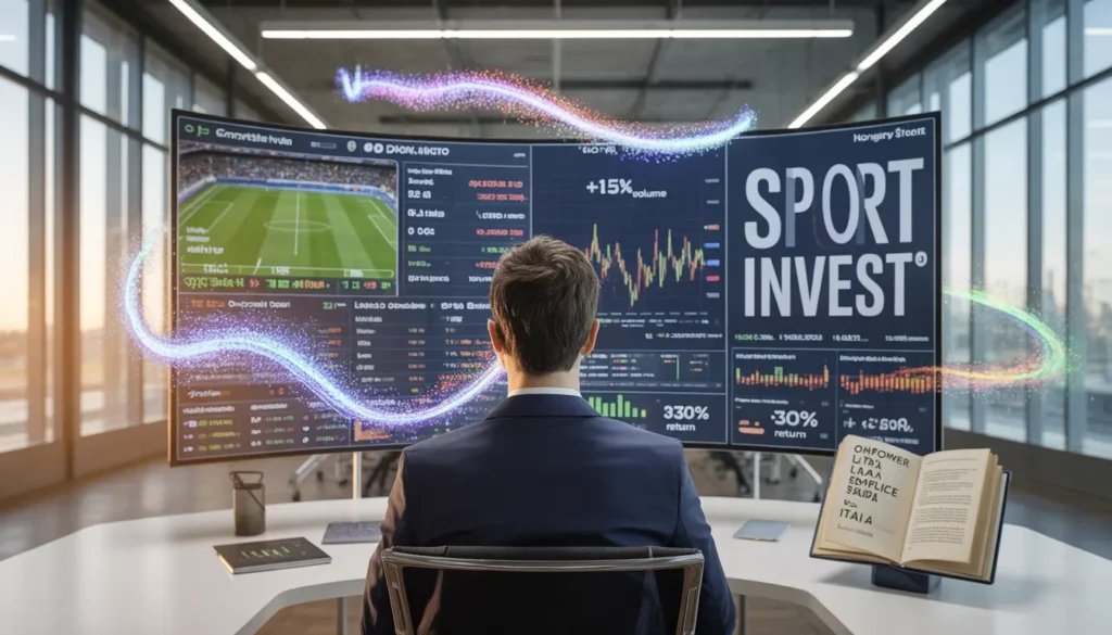 Vista posteriore di un analista in ufficio tech che usa un grande monitor curvo per l'analisi 'SPORT INVEST', con interfaccia olografica tech che mostra dati come '+15%' e 'Smart Cycle', e i loghi grandi di MoneyRainStore e Michele Stedile.