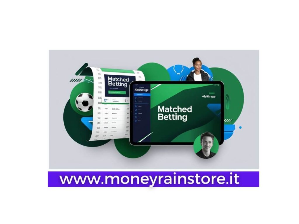 Scommesse senza rischi betting; l'immagine mostra una schedina, un tablet con la scritta matched betting, due palloni da calcio e due persone