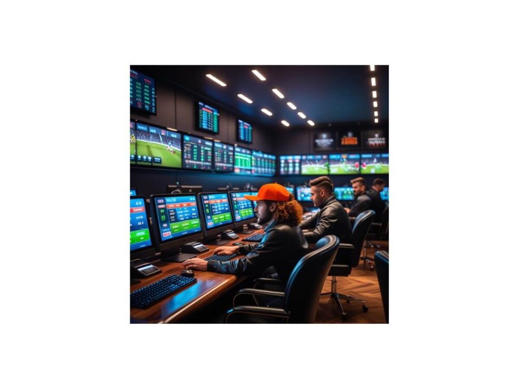 Bookmaker per principianti: l'immagine mostra una sala scommesse con utenti seduti al banco con davanti una serie di computer