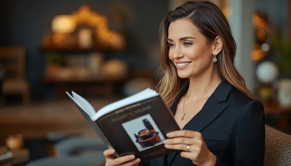 Donna sorridente in abito professionale mentre consulta il catalogo prodotti IYALY in un ambiente elegante.