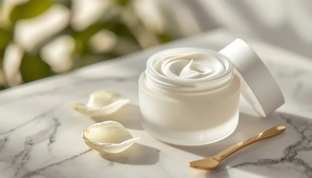 Prodotti Iyaly: Quando l'Eccellenza Incontra il Lusso Accessibile Dettaglio macro di un vasetto di crema viso IYALY con texture cremosa, petali bianchi e spatola dorata su marmo. prodotti iyaly qualità totale