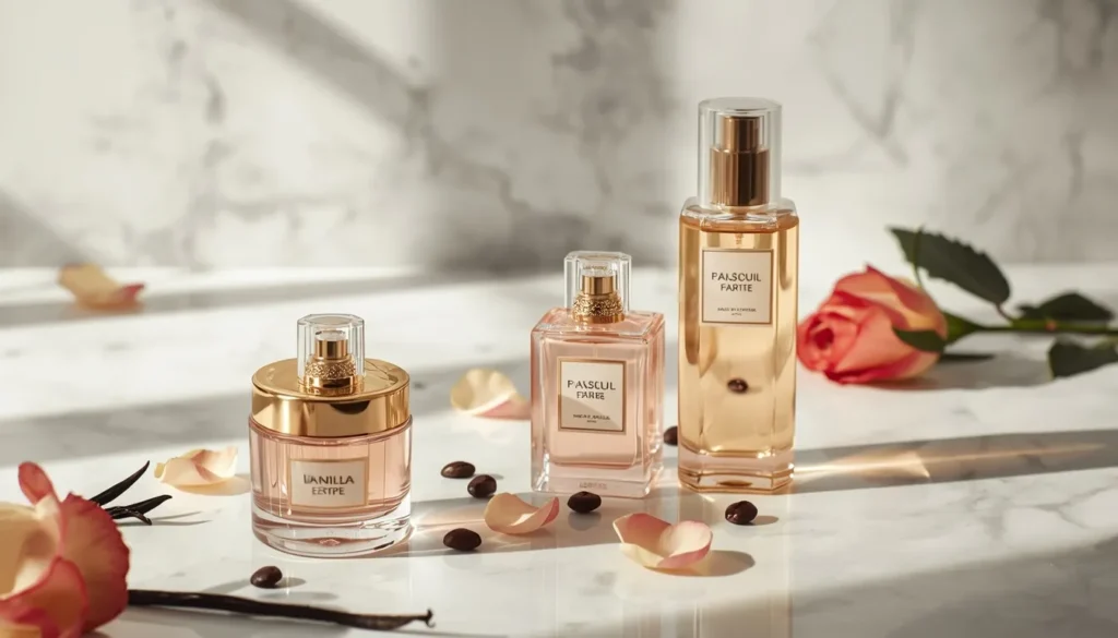 Prodotti Iyaly: Quando l'Eccellenza Incontra il Lusso Accessibile Elegante set di flaconi di profumo IYALY e prodotti iyaly cosmetici disposti su un piano di marmo con rose e chicchi di caffè.