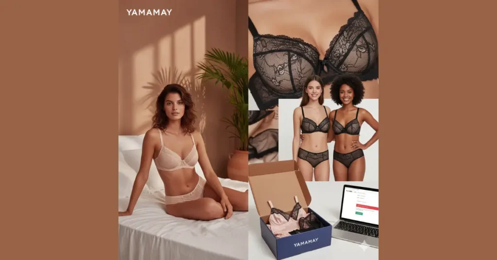 Collage della collezione Yamamay 2026 con intimo in pizzo, modelli inclusivi e confezione regalo con laptop per shopping online